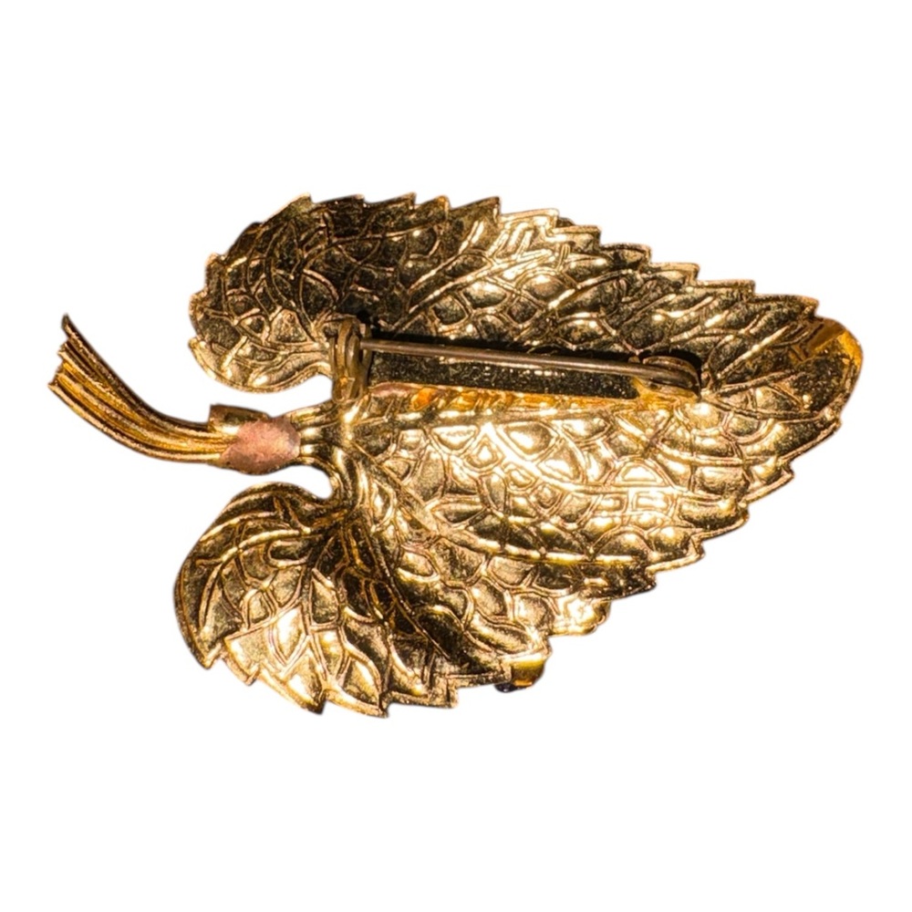 Vintage Austria Gold Tone Enamel Floral Leaf Brooch Blue Rhinestones J27 - Picture 5 of 6